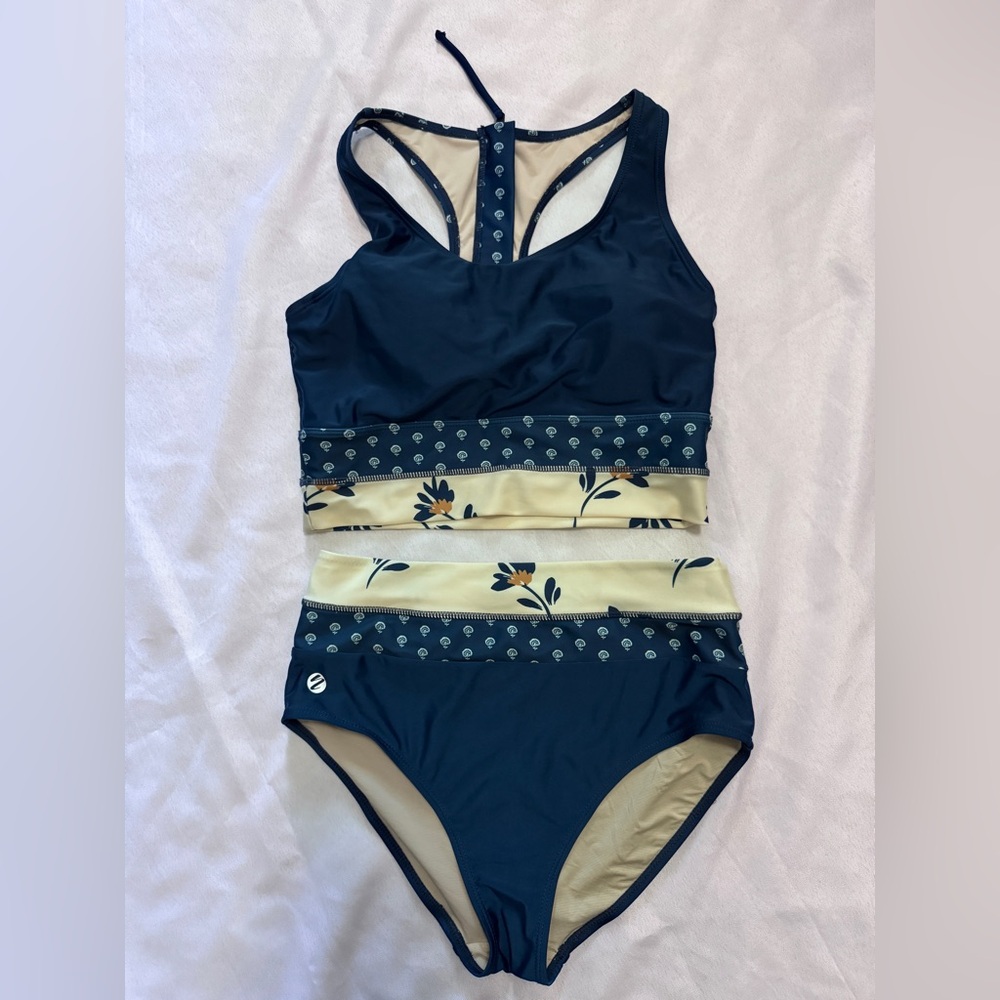 Nani Swimwear Navy and Cream Floral Colorblock Two-Piece Swimsuit Racerback
